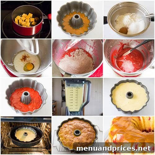 Detailed step-by-step photo tutorial for preparing Magic Red Velvet Flan Cake batter and flan