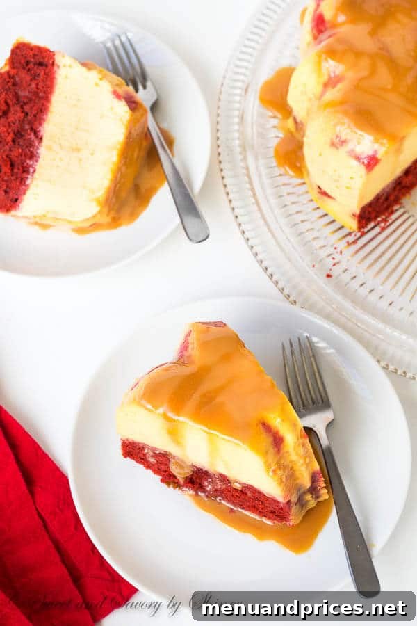 Serving a slice of Magic Red Velvet Flan Cake on a plate, showcasing its beautiful layers