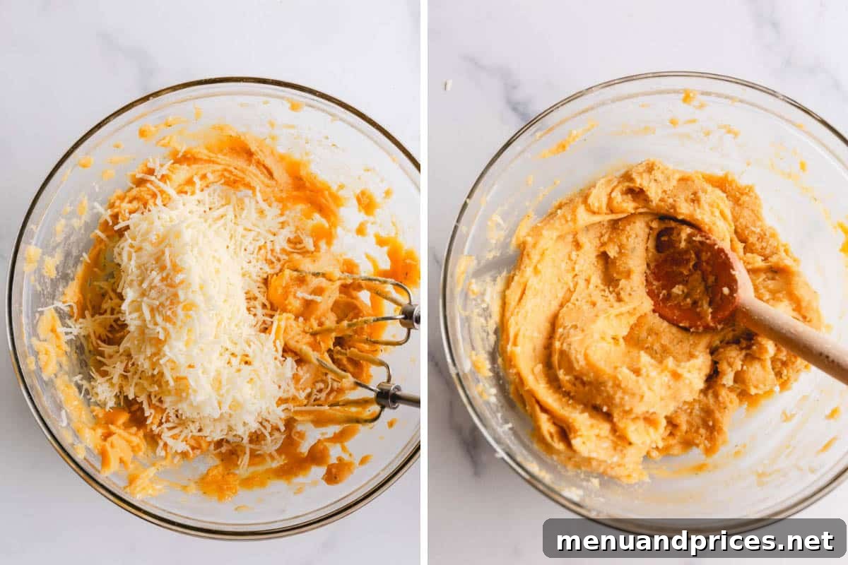 Fluffy Havarti Cheese Gougères 8 Side-by-side images showing the process of adding and stirring grated cheese into the smooth choux pastry dough.