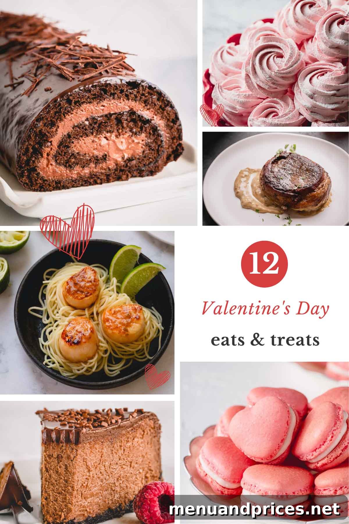 12 Irresistible Valentine's Day Treats 2 A collage of 6 images featuring romantic Valentine's Day dishes, including scallops pasta, filet mignon, roasted lamb, lobster tails, chocolate cake, and blueberry muffins.