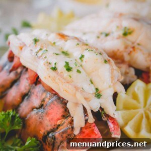 A perfectly baked lobster tail presented elegantly on its shell, ready to be enjoyed.
