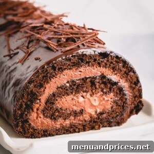 A stunning chocolate roll cake with a luscious mousse filling, elegantly garnished and ready to be served.