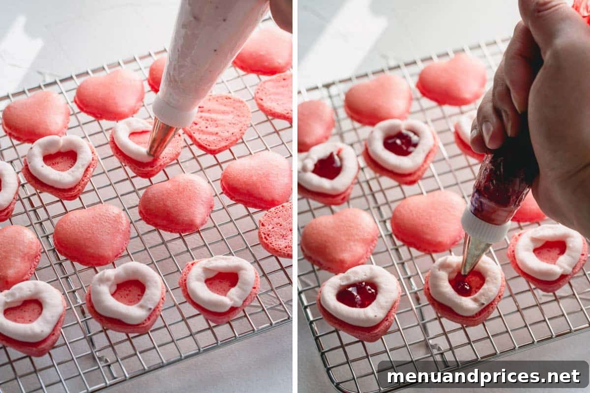 Side-by-side images depicting the process of piping buttercream and filling with jam onto macaron shells.