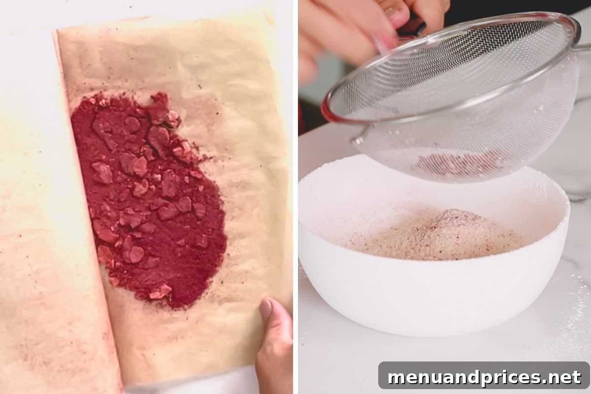 Side-by-side images showing freeze-dried strawberries being crushed with a rolling pin and dry ingredients being sifted.