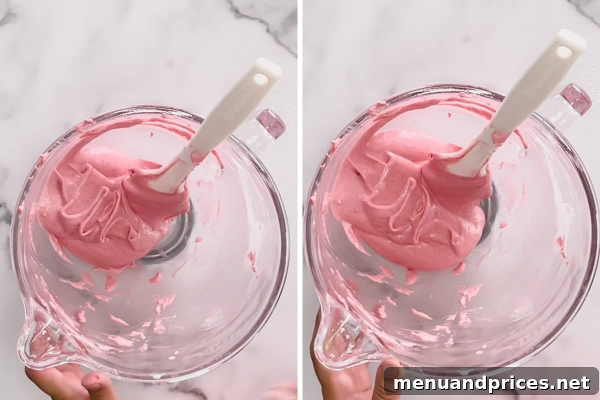 Side-by-side images demonstrating the ribbon test for macaron batter consistency, showing the batter flowing off a spatula.