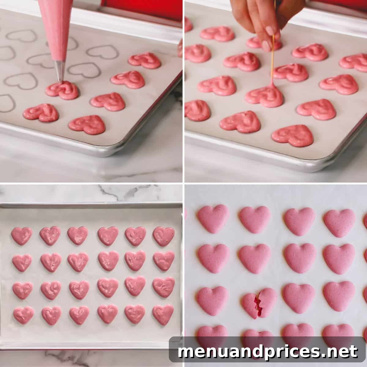Step-by-step photos demonstrating the piping technique for creating heart-shaped macaron shells.