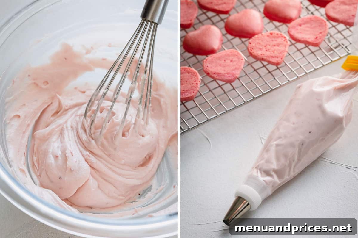 Side-by-side images showing the process of making strawberry buttercream, from whipping butter to the final creamy consistency.