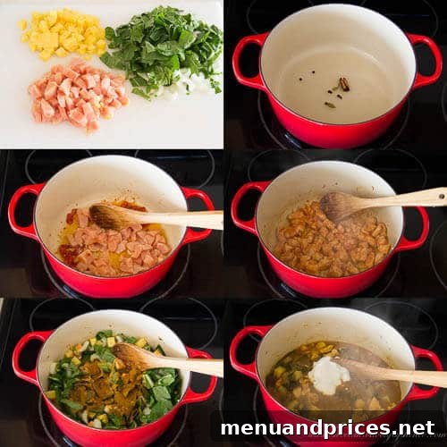 Golden Chicken Bok Choy Curry 5 A step-by-step photo showing fresh ingredients like diced chicken, chopped bok choy, and potatoes laid out next to whole spices and ginger-garlic paste, ready for cooking.