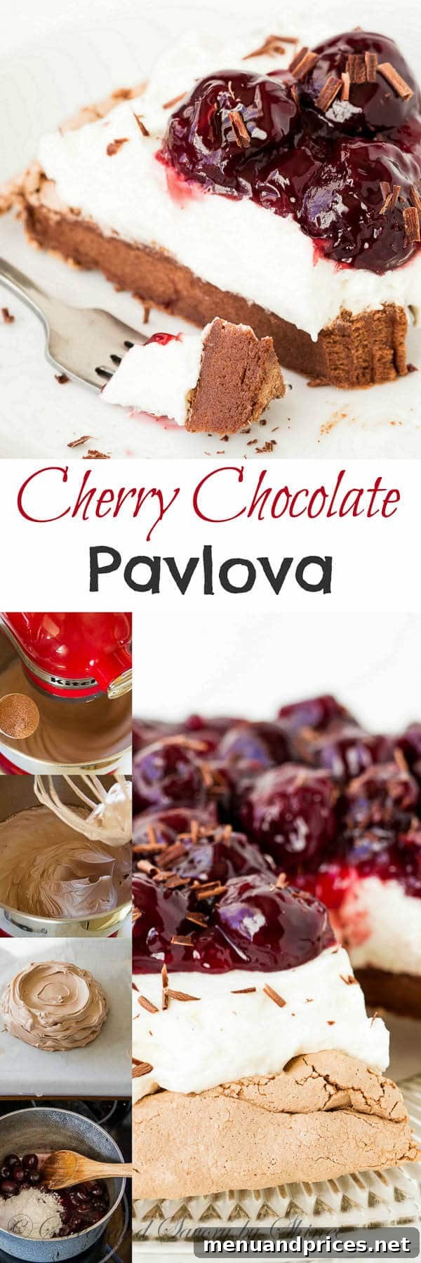 Melt-in-your-mouth light Chocolate Pavlova topped with indulgent sweet cherry sauce. Learn exactly how I make this show-stopper step by step.