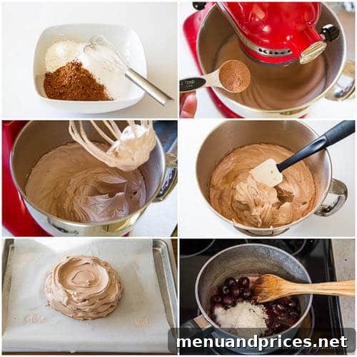 Velvet Cherry Chocolate Pavlova 5 Step-by-step photo tutorial for making Cherry Chocolate Pavlova, showing the layers being assembled with whipped cream and cherry sauce.