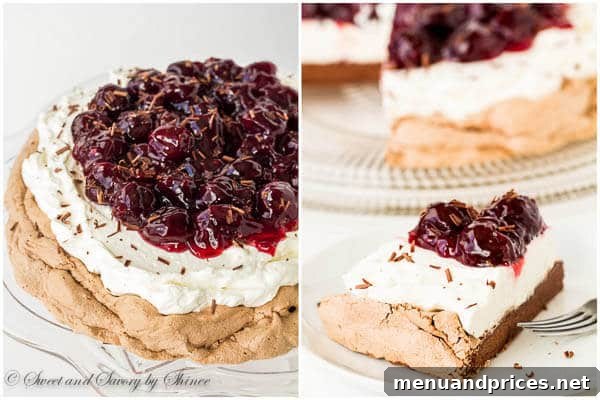 Velvet Cherry Chocolate Pavlova 6 Two images side-by-side showcasing the Chocolate Pavlova. The first shows the meringue base cooling, the second highlights the rich, dark chocolate color of the finished base.