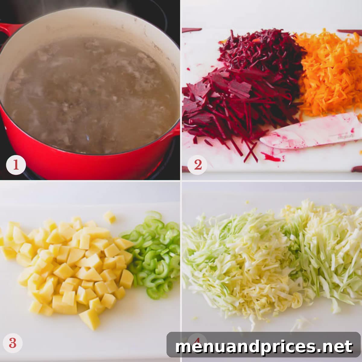 Hearty Beef Borscht 4 Step by step photo of making beef broth and prepped veggies.