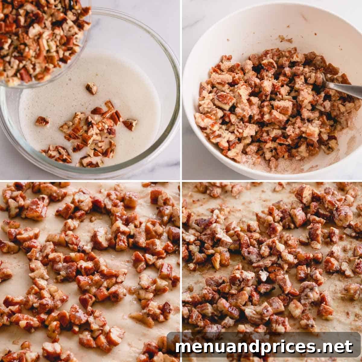 Process of making candied pecans: pecans in frothy egg whites, followed by pecans spread on a sheet pan for baking.