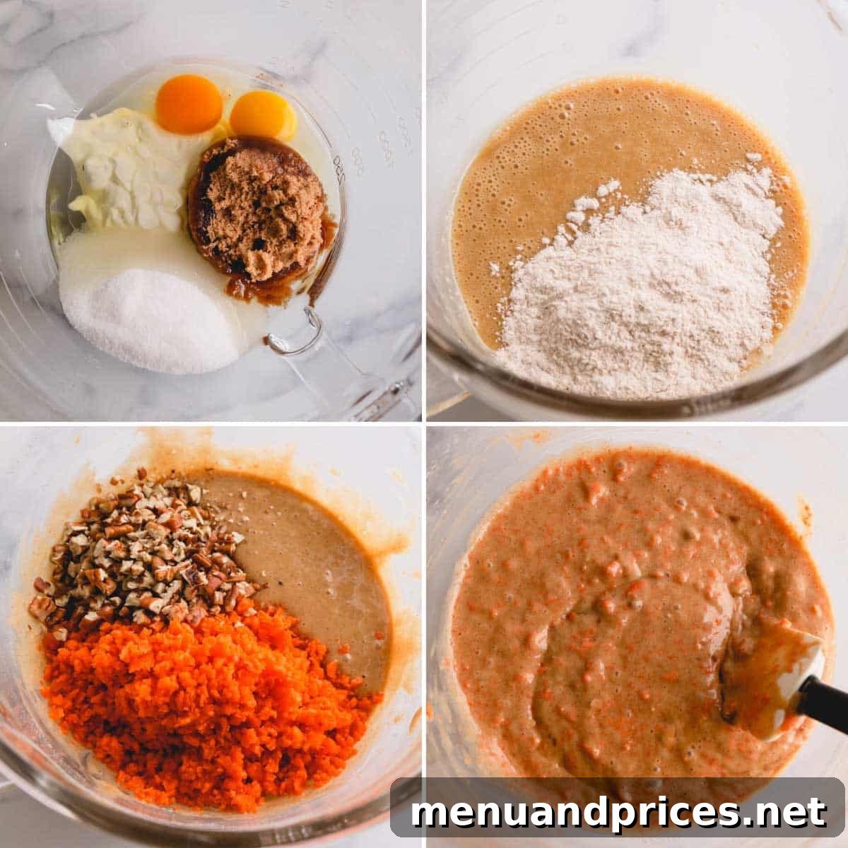Steps for making carrot cake batter in a bowl, showing the wet ingredients, then dry ingredients being incorporated, and finally grated carrots folded in.