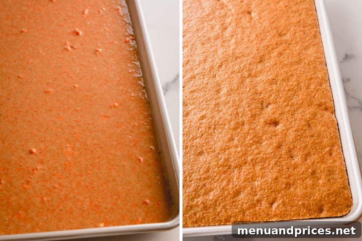 Carrot cake batter poured into a sheet pan, followed by the perfectly golden-brown, baked carrot cake in the same sheet pan.