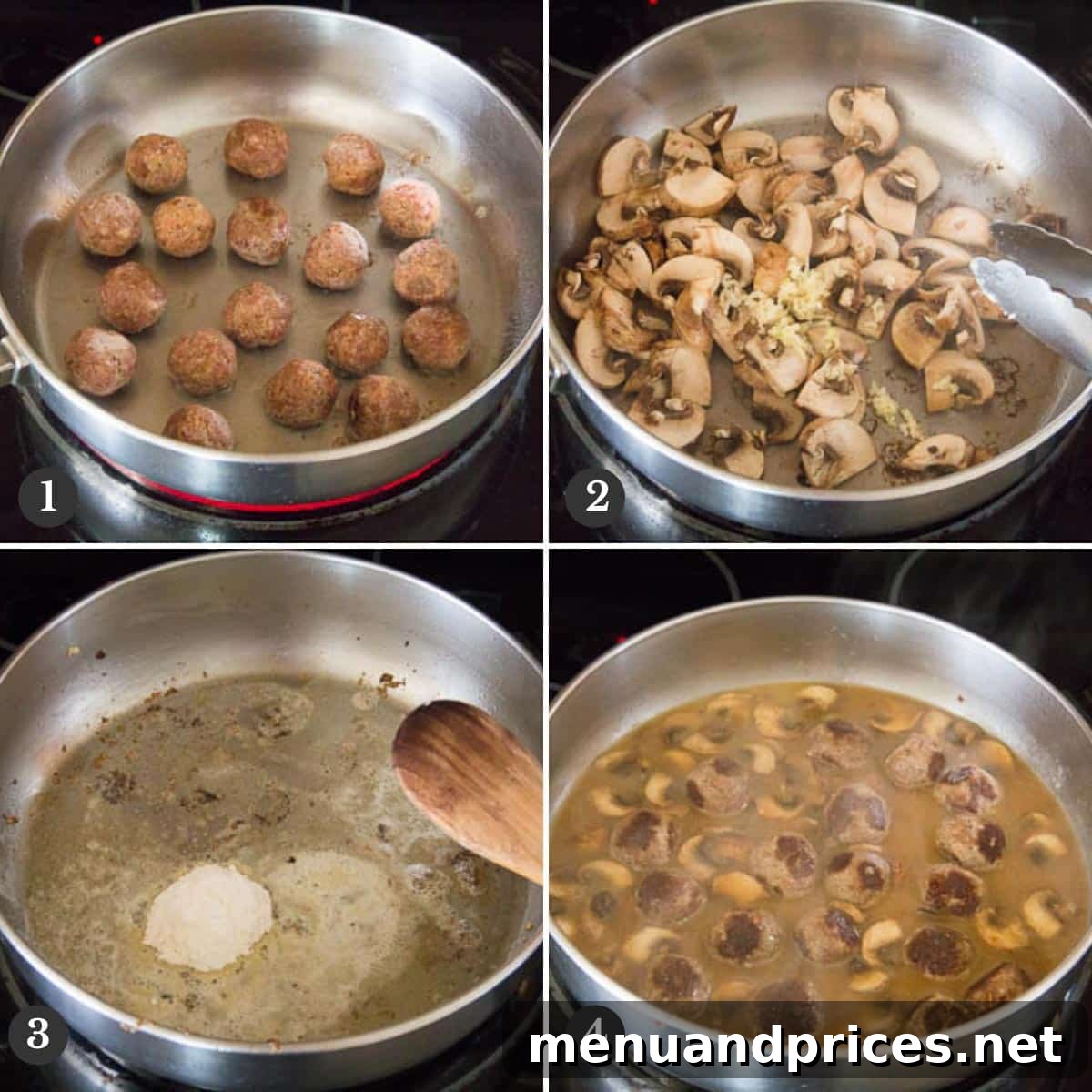 Four step-by-step photos illustrating the process of making meatballs and preparing the mushroom gravy.
