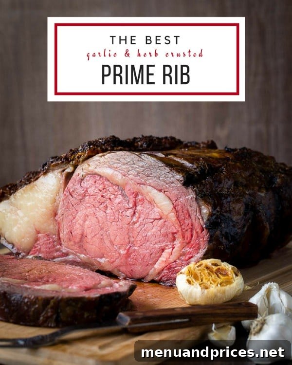 A beautifully presented slice of boneless prime rib with a herb crust.