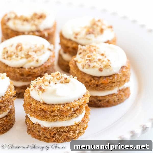 Refreshing Spring Dishes Bursting with Flavor 4 Charming mini carrot cakes topped with cream cheese frosting and candied pecans, ideal for Easter celebrations.