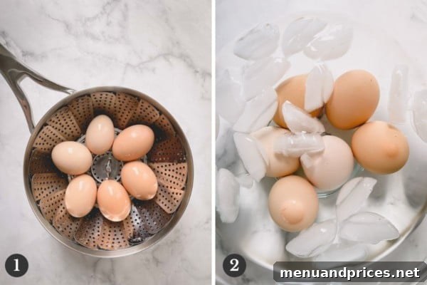 Perfectly Peelable Farm Fresh Eggs 4 Side by side images of steaming eggs and eggs in an ice bath.
