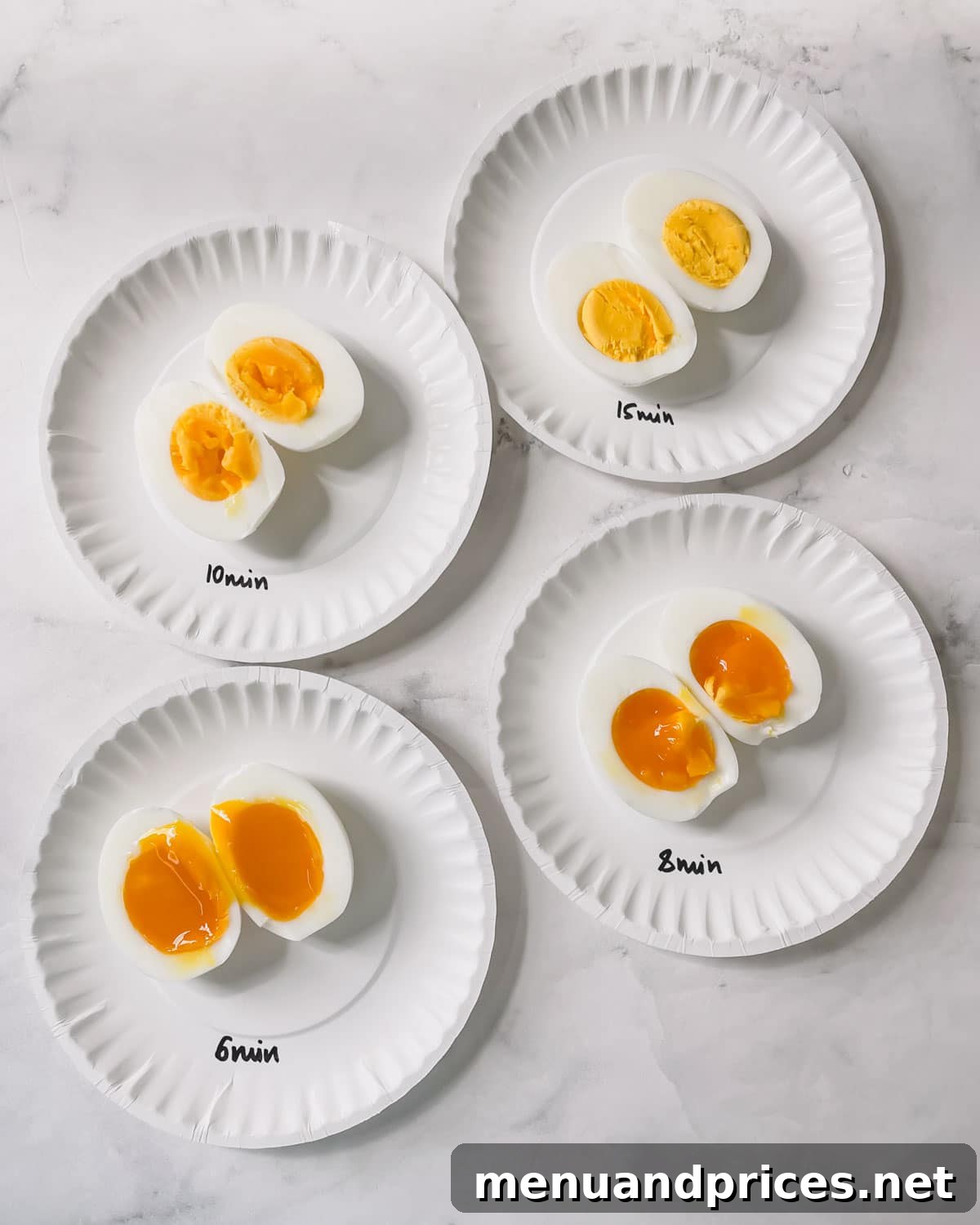 Perfectly Peelable Farm Fresh Eggs 5 Hard boiled eggs time chart: 4 plates of hard boiled eggs of various doneness.