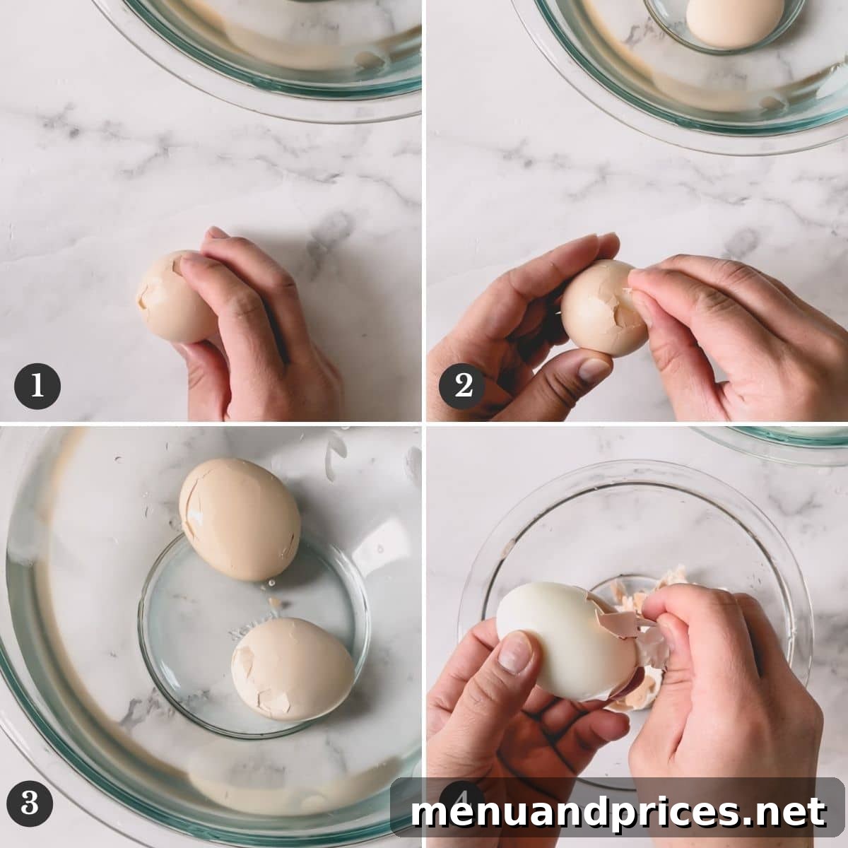 Perfectly Peelable Farm Fresh Eggs 6 Step by step images of peeling a hard boiled egg.