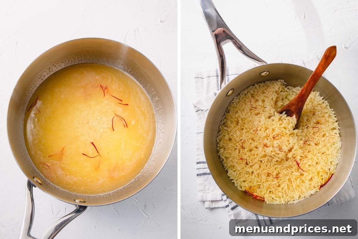 Sun-Drenched Saffron Rice 7 step by step of saffron rice in skillet