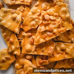 Overhead view of pieces of peanut brittle, ready to be served.