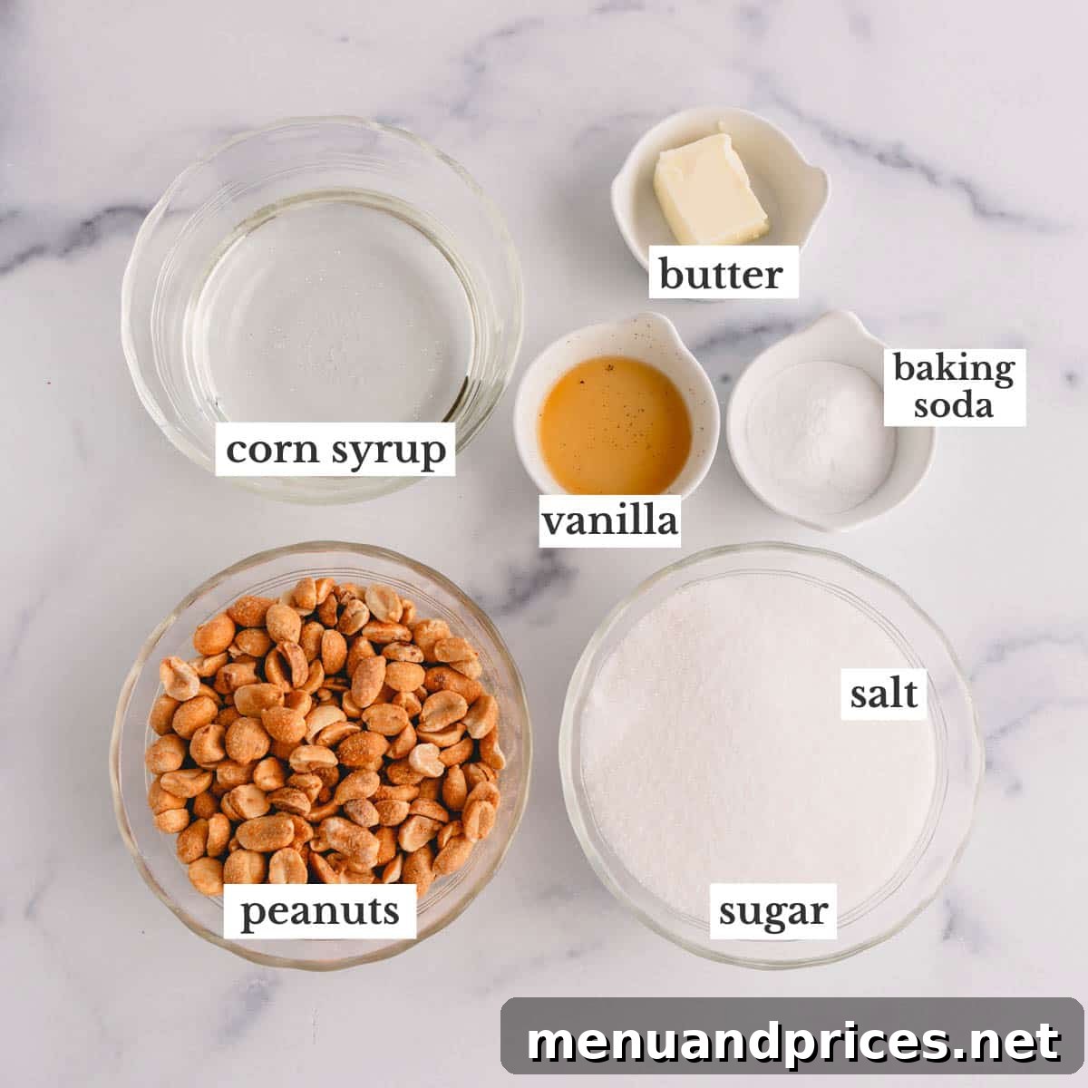 All the essential ingredients neatly arranged to make homemade microwave peanut brittle.