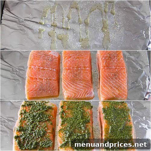 Delicious baked salmon with pesto and lemon