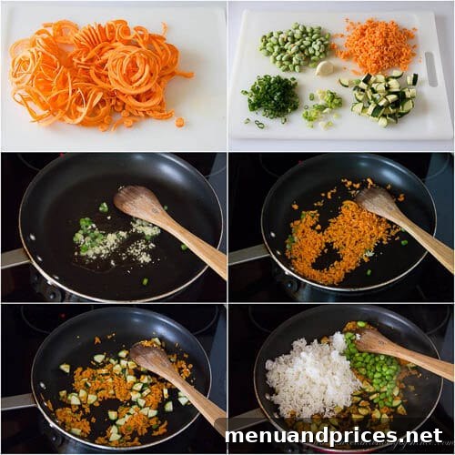 Flavorful Vegetable Fried Rice 5 Step-by-step photos illustrating the process of making vegetable fried rice with sweet potato and zucchini.