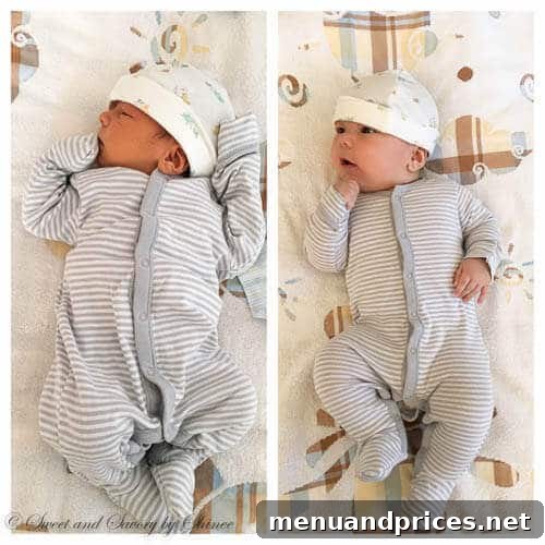Baby Grant Three Month Milestones 3 Comparison photo of baby Grant at one week old versus thirteen weeks old, showcasing significant growth.