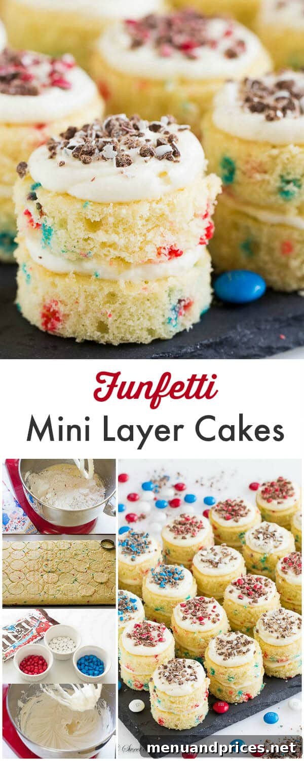 Vibrant funfetti mini layer cakes topped with festive red, white, and blue M&M's, ready for a summer celebration