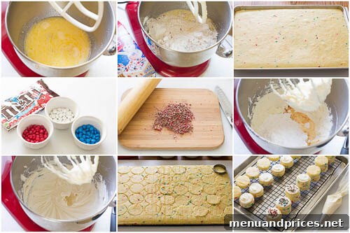 Step-by-step image illustrating the process of cutting out round cake circles and assembling the funfetti mini layer cakes with frosting