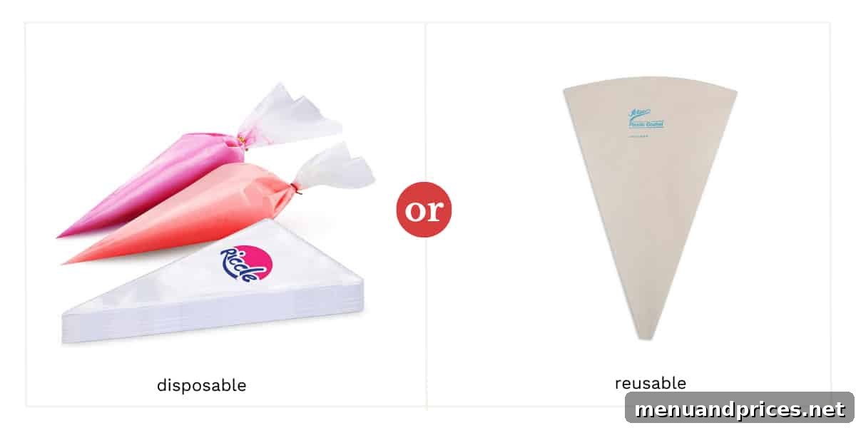 Disposable and reusable piping bags, showcasing options for macaron preparation.