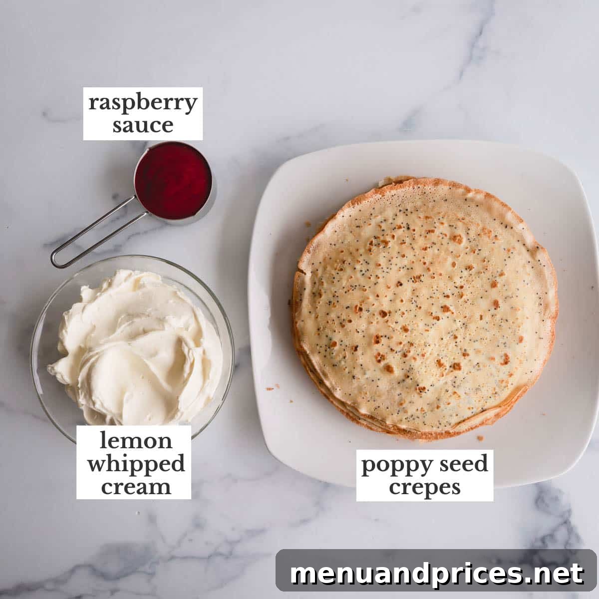 Zesty Lemon Raspberry Crepe Tower 4 A visual display of all the key ingredients for the lemon raspberry crepe cake, including stacks of crepes, a bowl of lemon curd filling, and a jar of raspberry sauce, neatly arranged for photography.
