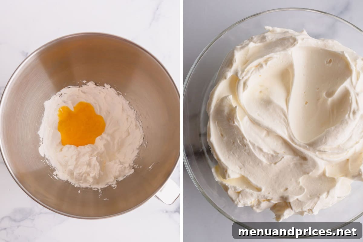 Zesty Lemon Raspberry Crepe Tower 5 Two side-by-side images showing the process of making lemon curd whipped cream: the left image shows perfectly whipped heavy cream, and the right image shows lemon curd being gently folded into the whipped cream.
