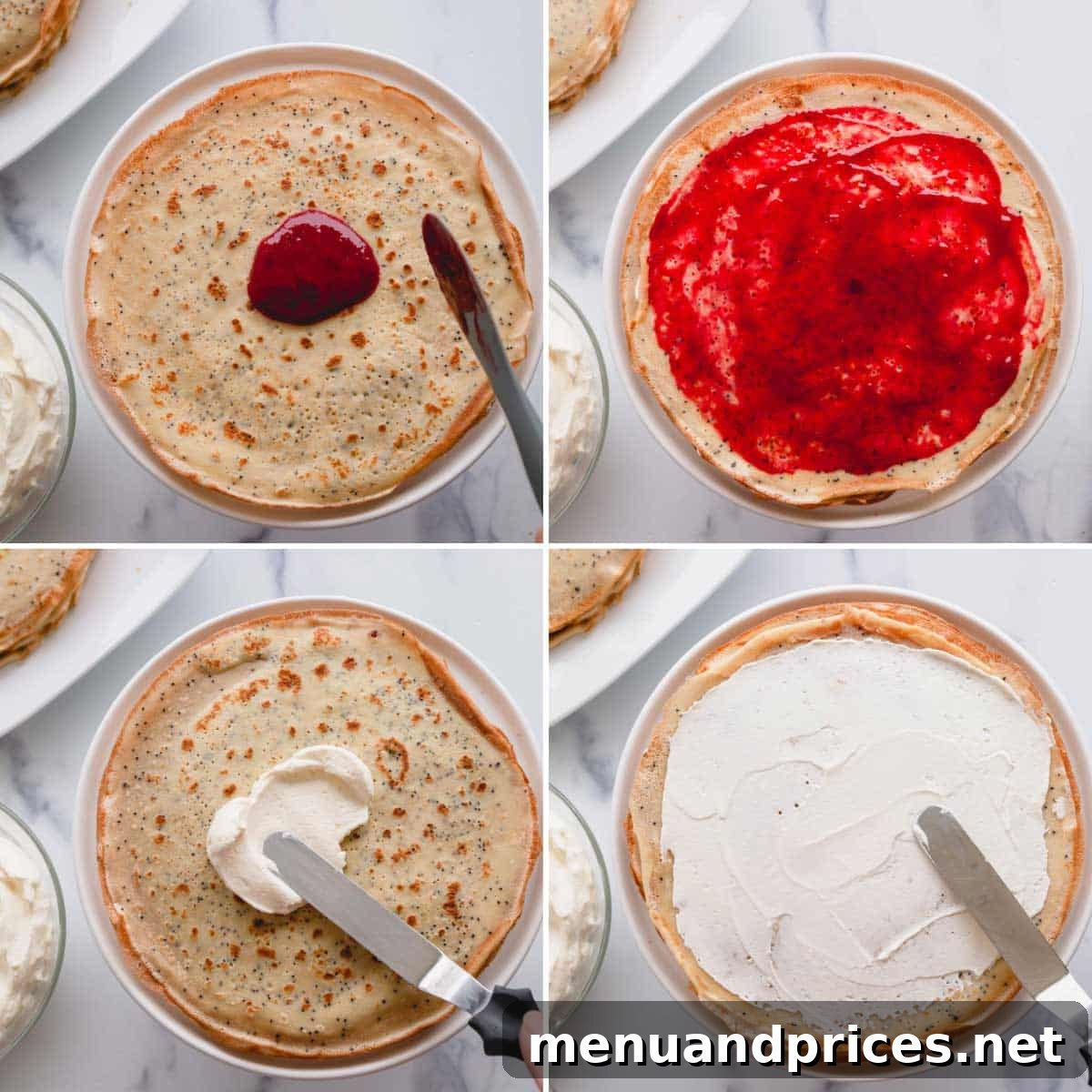 Zesty Lemon Raspberry Crepe Tower 6 A series of step-by-step photos illustrating the assembly of the crepe cake, showing layers of crepes, lemon whipped cream, and raspberry sauce being carefully applied.