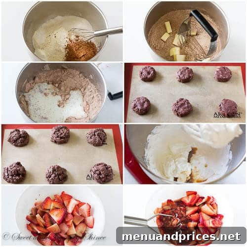 Velvet Berry Chocolate Stacks 5 Step-by-step photos illustrating the process of making chocolate strawberry shortcake biscuits