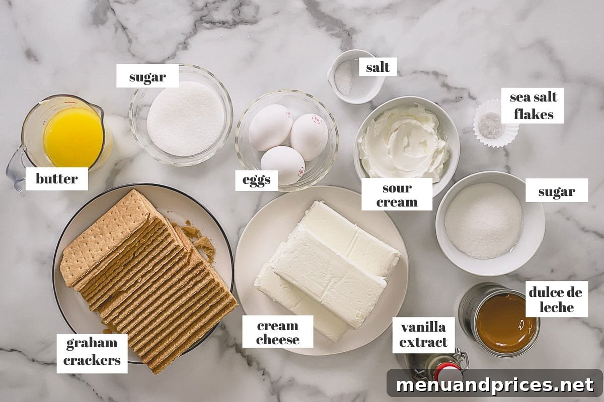 All the essential ingredients for Dulce de Leche Cheesecake, neatly arranged on a kitchen counter.