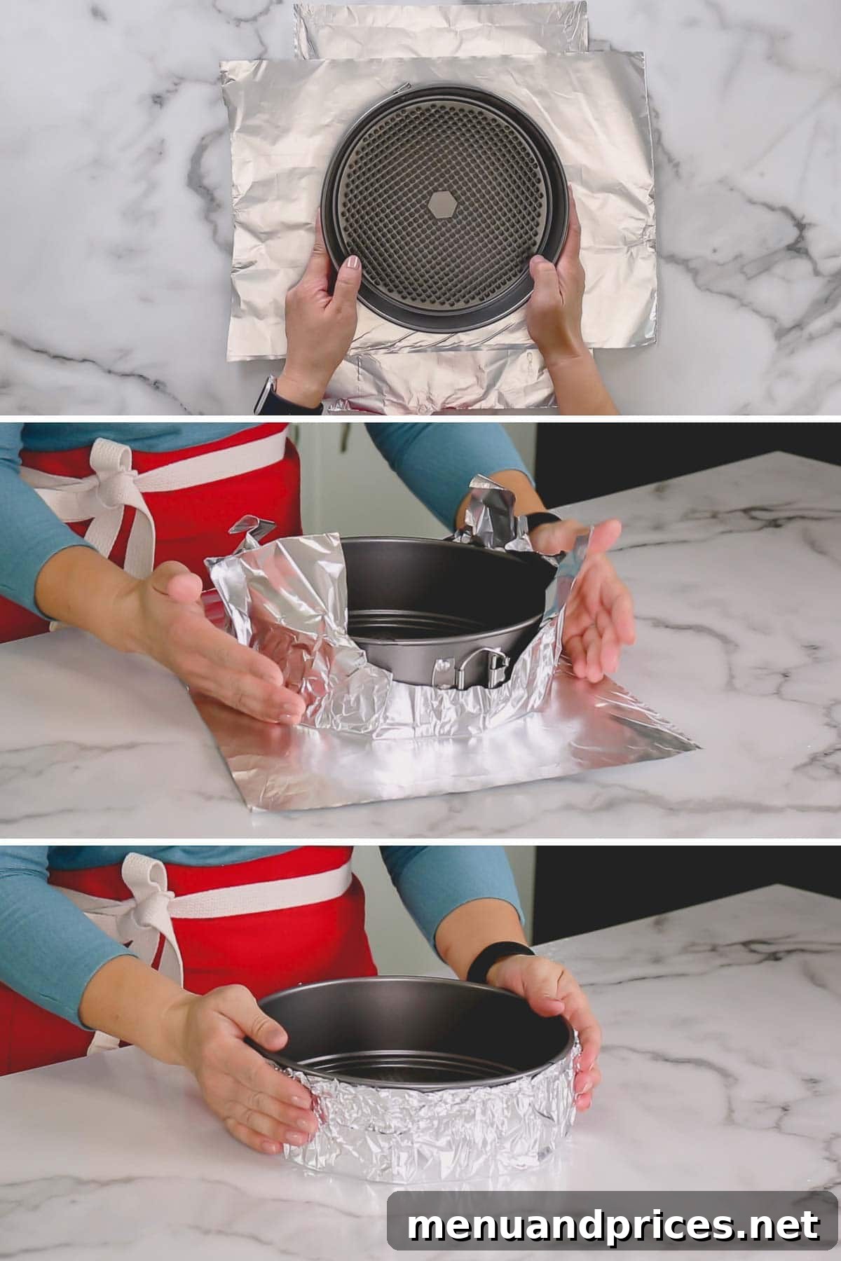 Springform pan wrapped in heavy-duty aluminum foil, ready for a water bath bake.