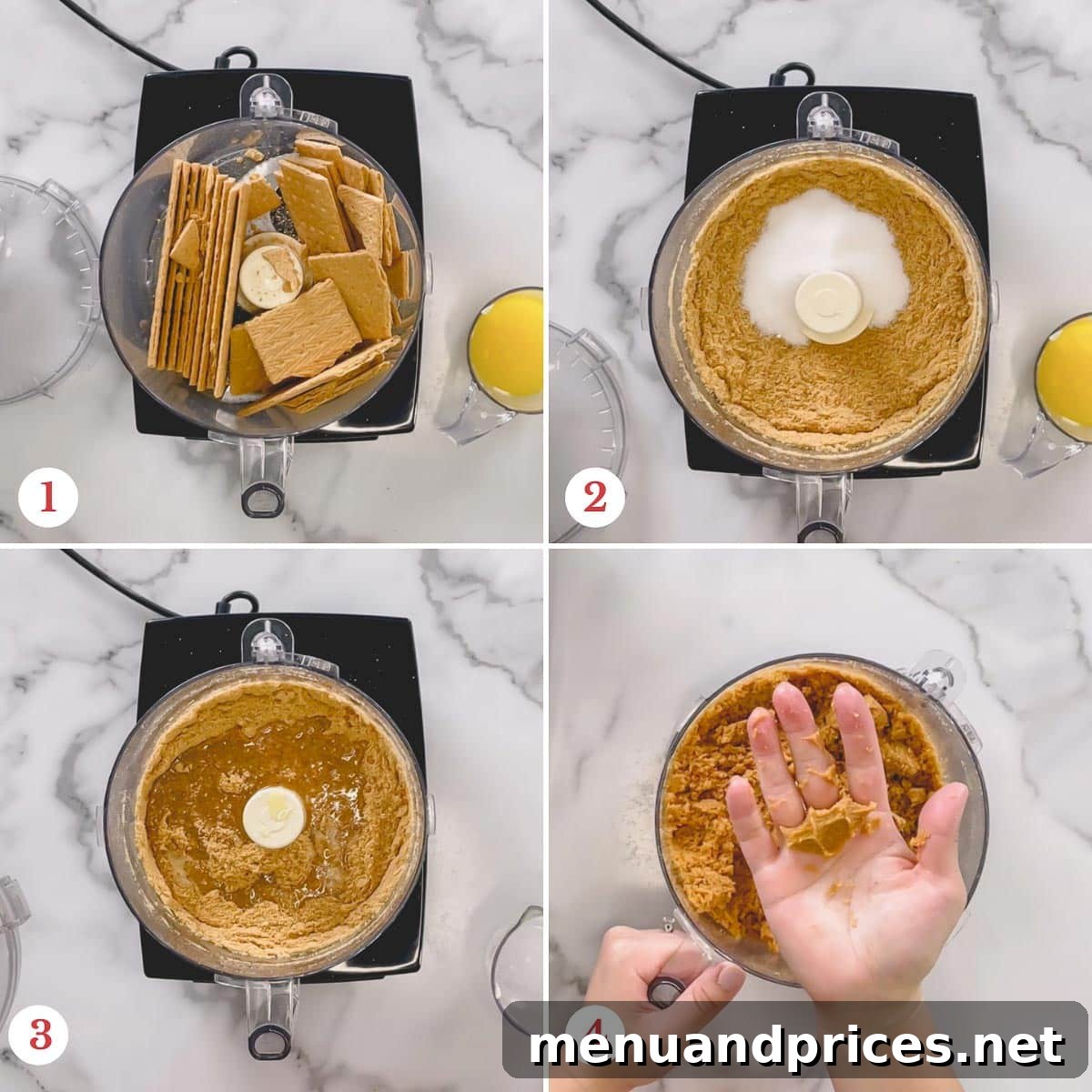 Step-by-step photos illustrating the process of making cheesecake crust, from crushing graham crackers to mixing with butter.
