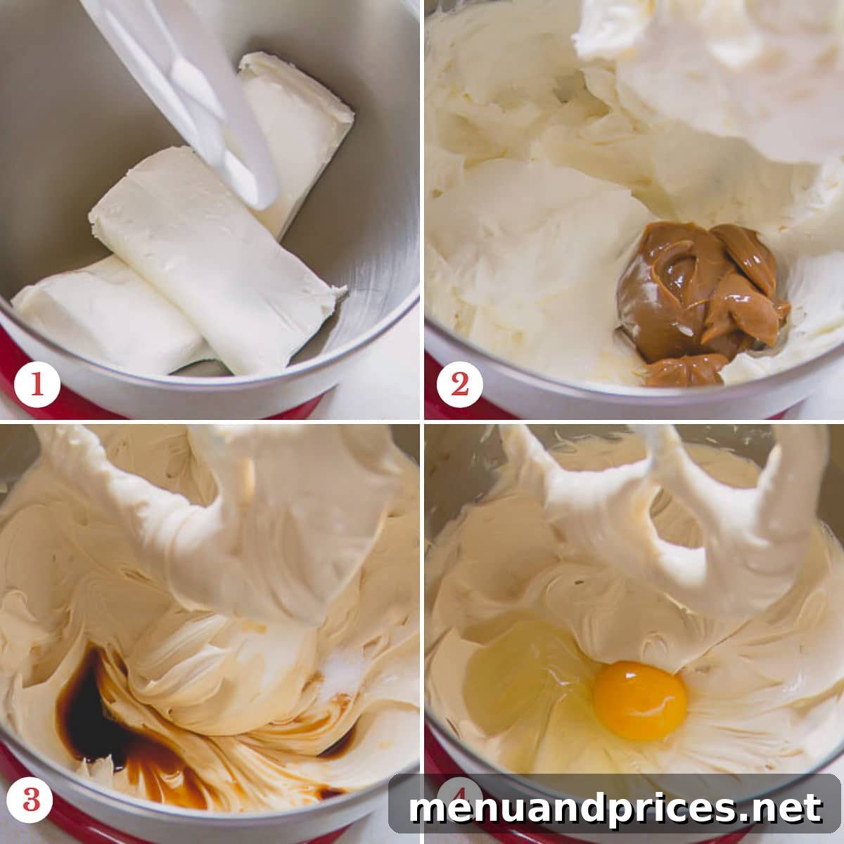 Step-by-step photos demonstrating the process of making the creamy cheesecake filling, from mixing cream cheese to incorporating dulce de leche and eggs.
