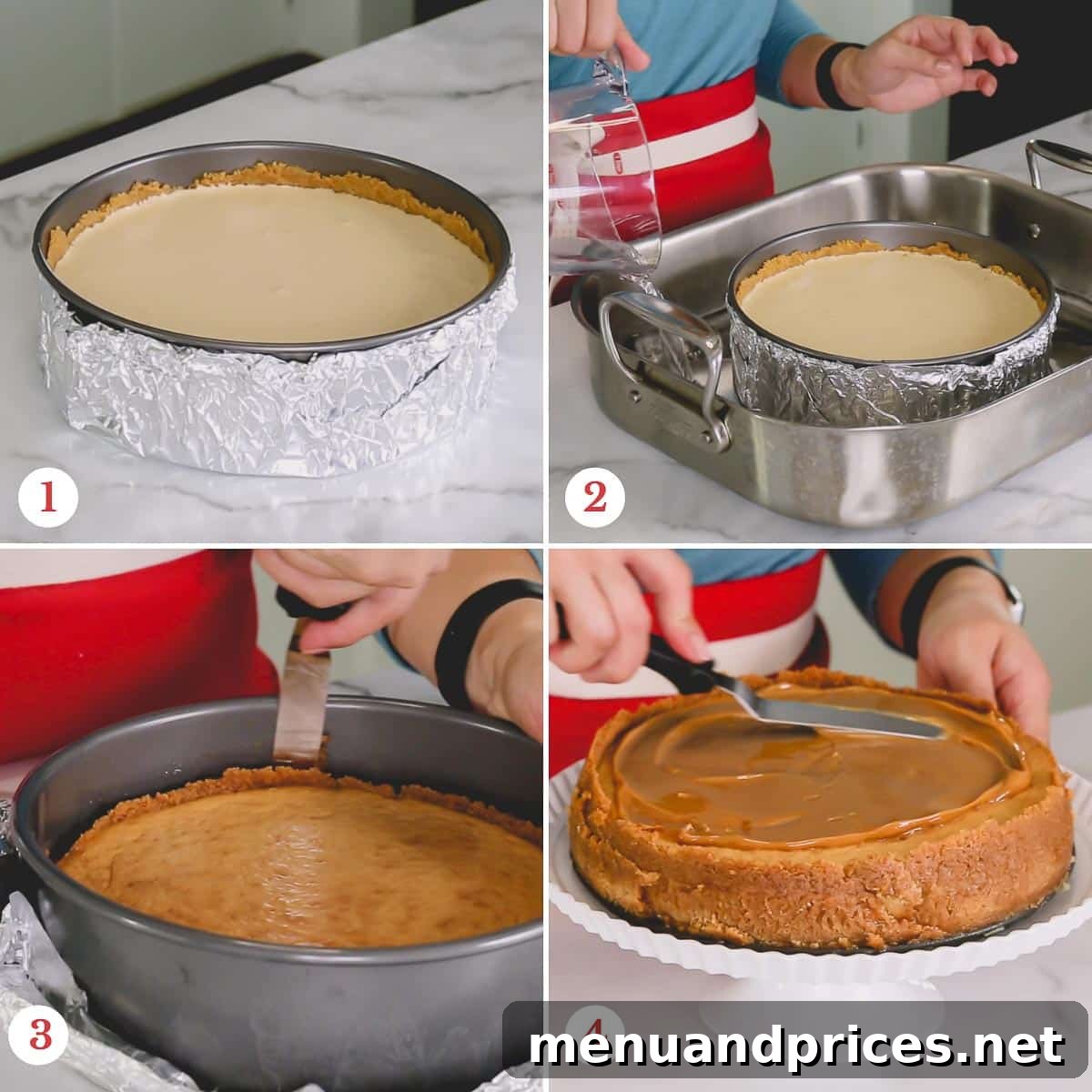 Step-by-step photos illustrating the baking and cooling process of a Dulce de Leche Cheesecake.