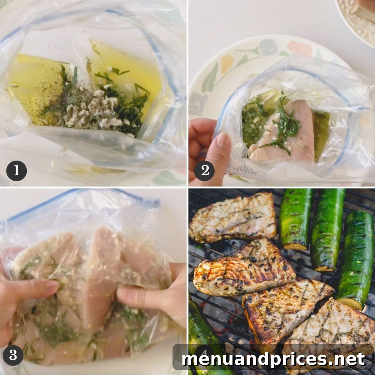 Flame-Grilled Swordfish Steaks 3 Step-by-step photos illustrating the marinating process and placing swordfish steaks onto a hot grill for cooking.
