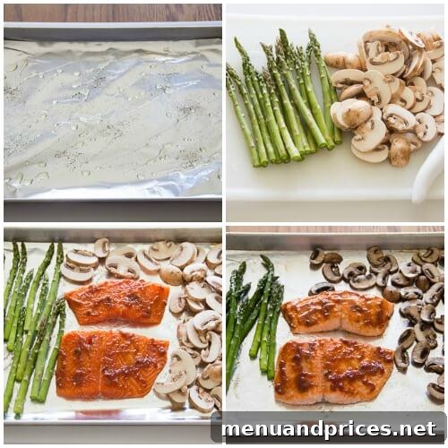 Golden Apricot Glazed Salmon Dinner 3 Spicy apricot salmon with roasted asparagus and mushrooms - a light and nutritious dinner bursting with flavor! All it takes is one sheet pan, five ingredients, and less than 30 minutes! Quick n' simple doesn't have to be bland.