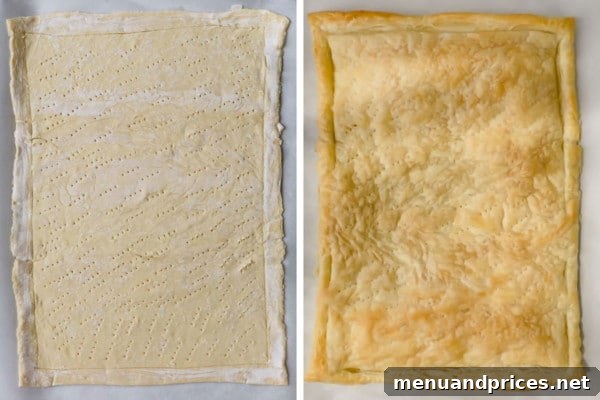 Puff pastry sheet scored and pricked with a fork on a baking sheet, ready for blind baking.