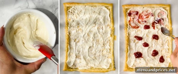 Strawberry cheesecake tart with creamy filling and swirled jam before the final bake, showing the pastry border brushed with cream.