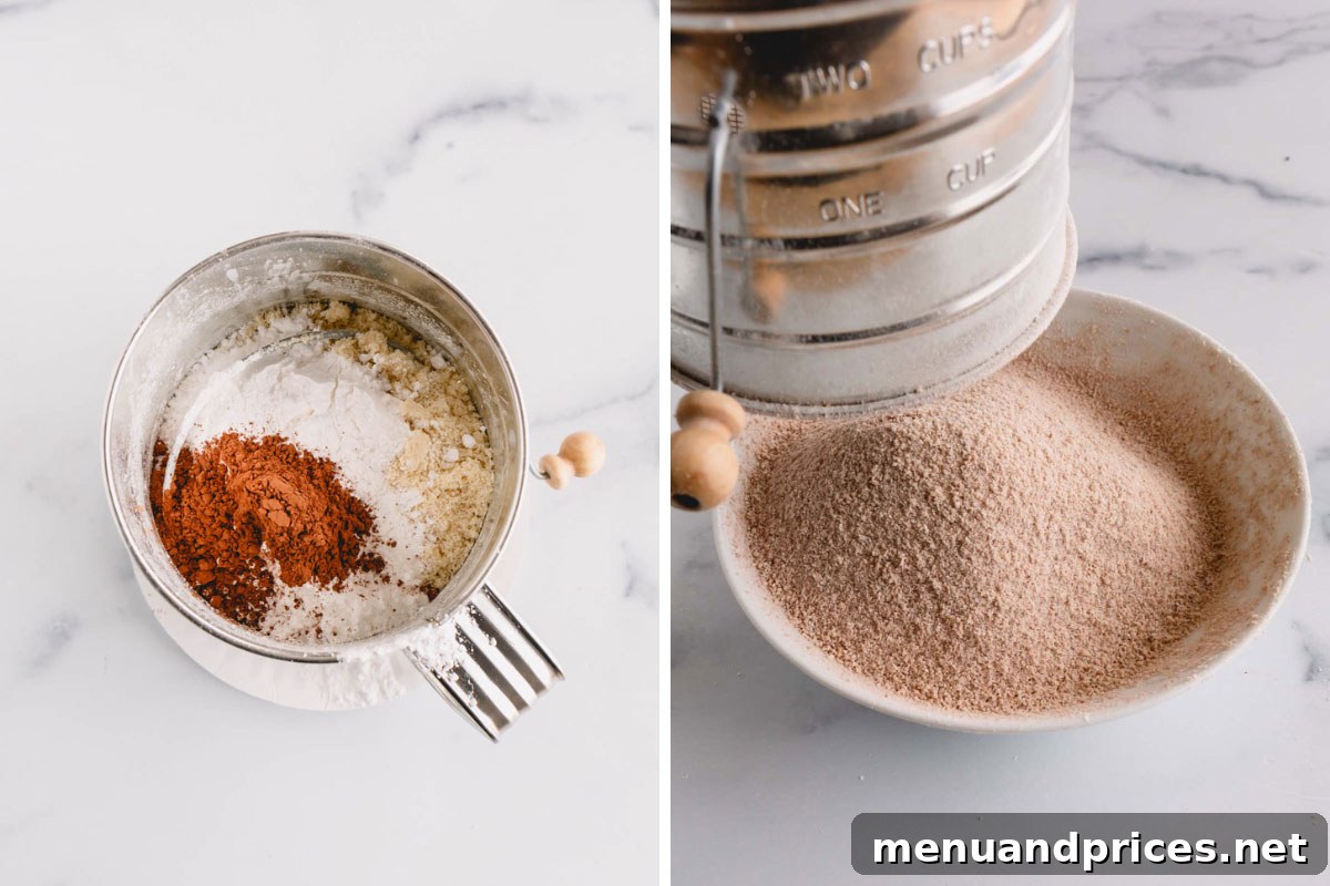 Side by side images of sifting the dry ingredients into a bowl.