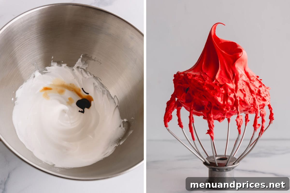 Side by side images of meringue at soft peak stage before adding coloring and at stiff peak stage with red food coloring added, showing a vibrant red color and firm texture.