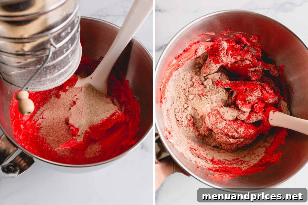Side by side images of combining dry ingredients and meringue, showing the folding technique.